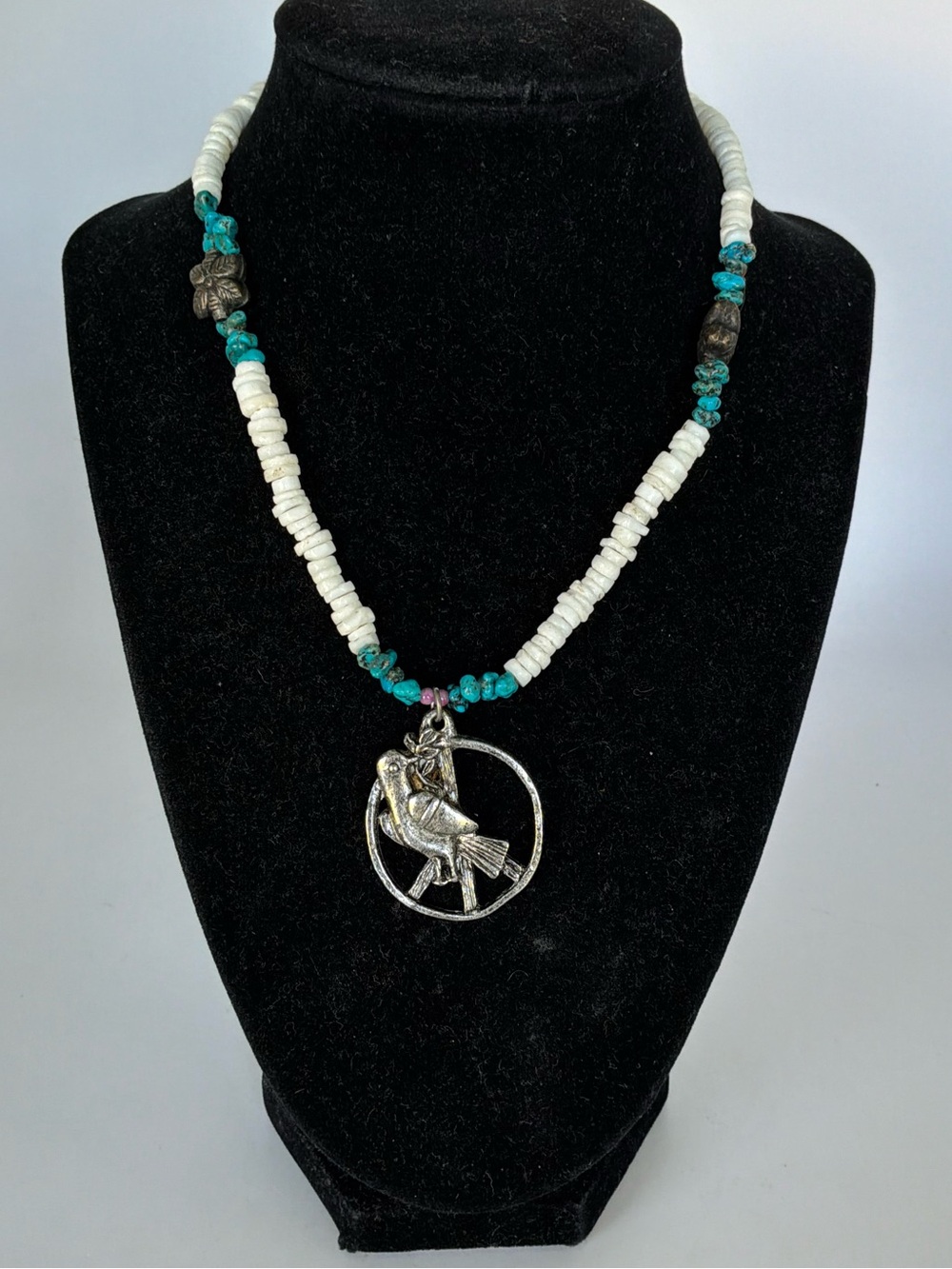 Southwestern Style White Shell & Turquoise Chip Beaded Bird Pendant Necklace